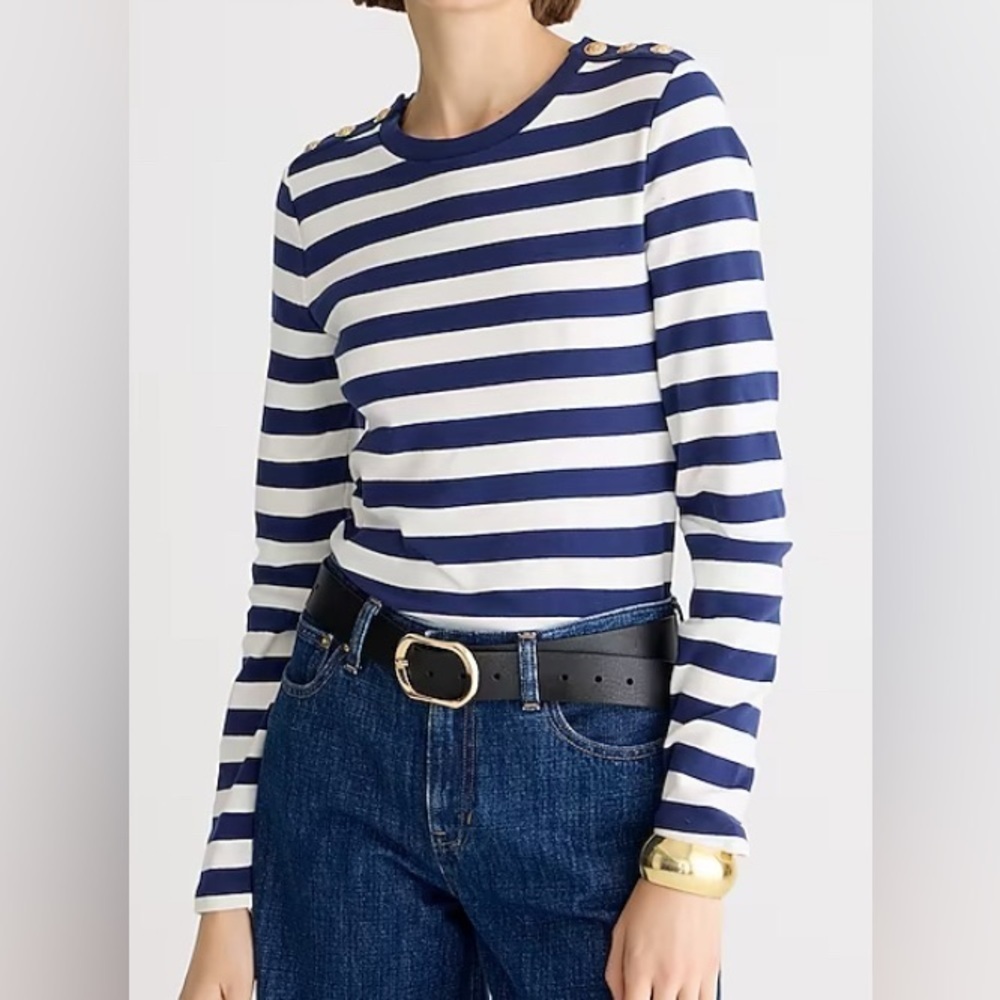 NEW- J.Crew. Perfect-fit LS crewneck Tee w/buttons Color:Montauk Stripe A Evenin